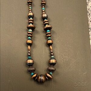 Elegant Wooden Beaded Necklace with Turquoise Accents